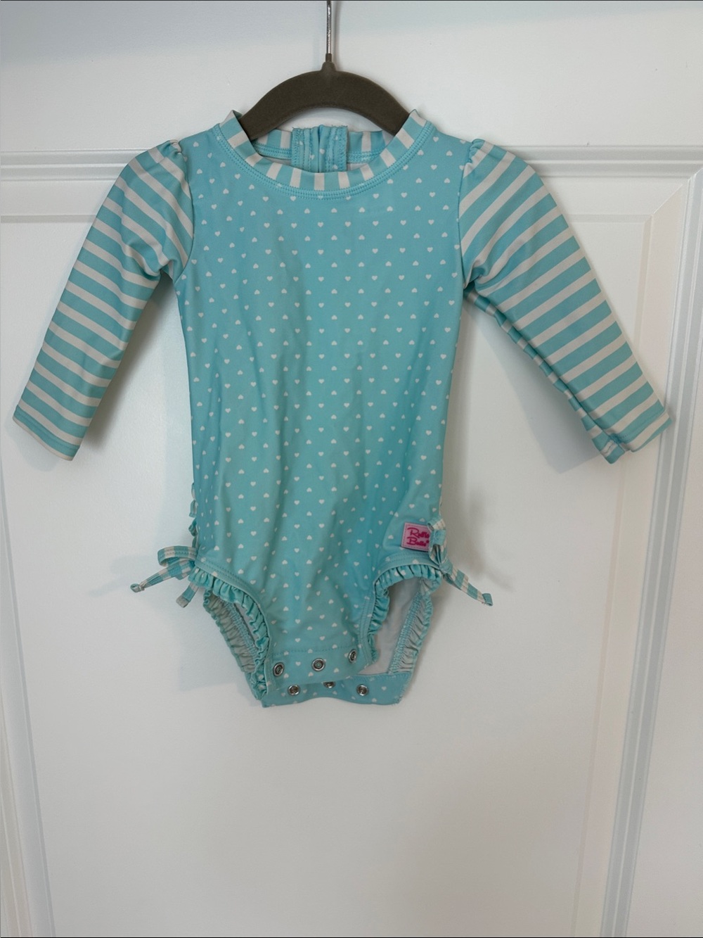 Ruffle Butts Baby Aqua and White Heart Long-Sleeve One-Piece Swim Suit